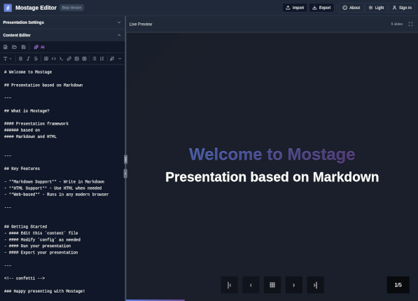 Mostage JS Online Editor Screenshot